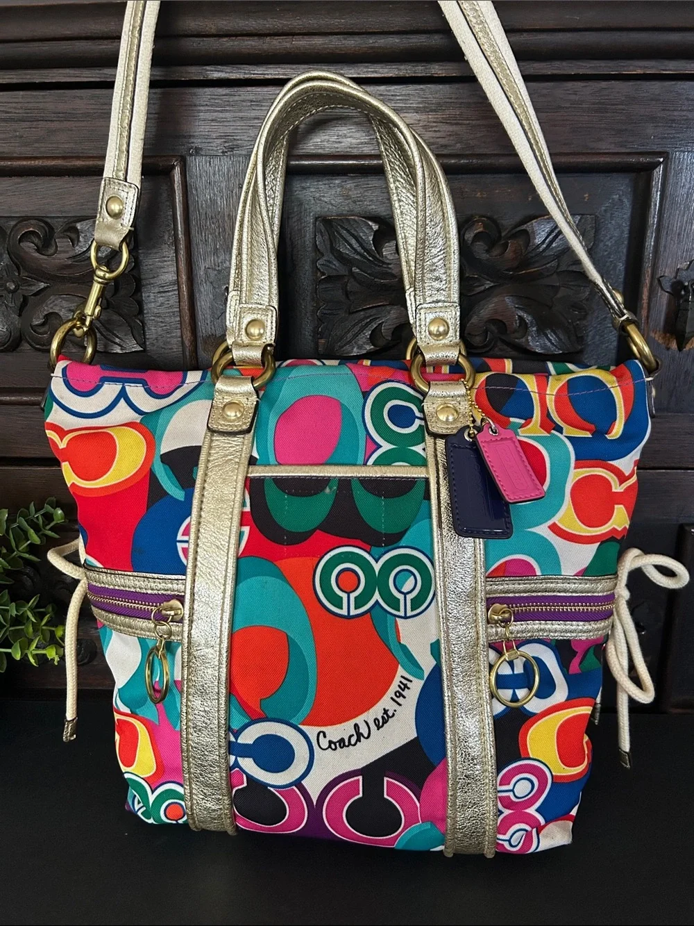Coach Multicolor Signature Circle Tote with Gold Trim